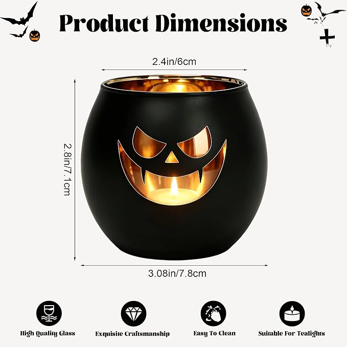 Halloween Tea Light Candle Holders Set of 6 | Gold Interior Black Jack O - Image 2