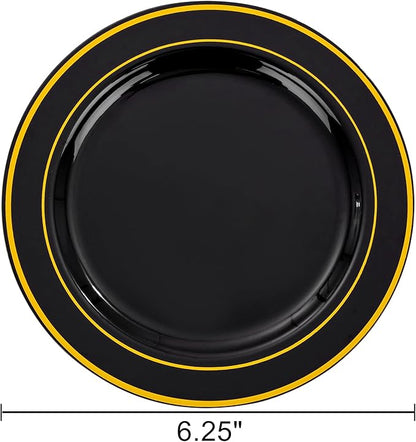bUCLA 100PCS Black and Gold Plastic Plates - 6.25 inch Black Gold Premium Hard Disposable Dessert/Salad/Appetizer/Small Cake Plates for Party, Graduation & New year