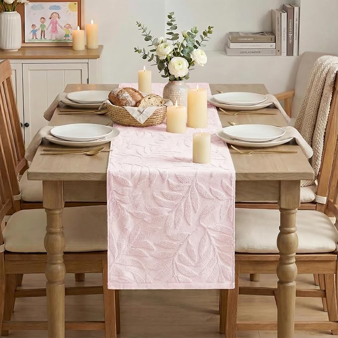 Artoid Mode Pink Soft 3D Jacquard Leaves 100%Cotton Spring Table Runner - Image 2
