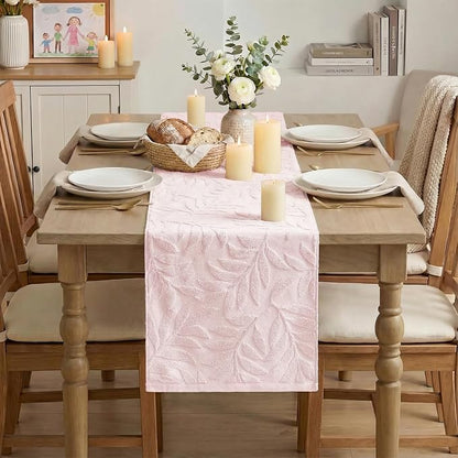 Artoid Mode Pink Soft 3D Jacquard Leaves 100%Cotton Spring Table Runner - Image 2