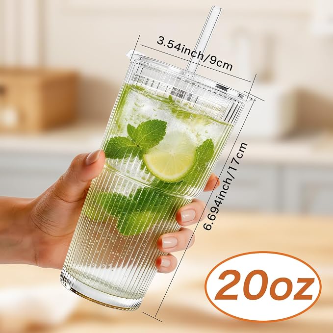 20oz Glass Tumblers with Lids and Straws, Ribbed Glassware - Image 7