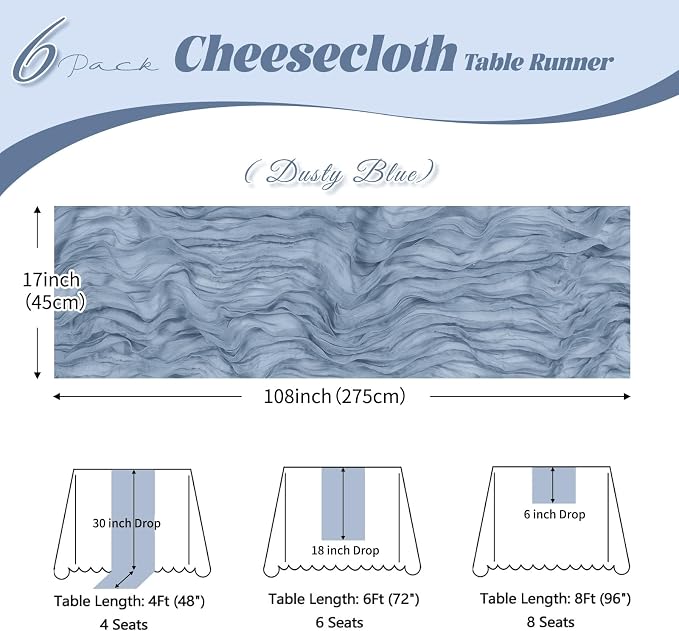 6 Pack Dusty Blue Cheesecloth Table Runner, 17 x 108 inch, Semi Sheer Boho - Image 3
