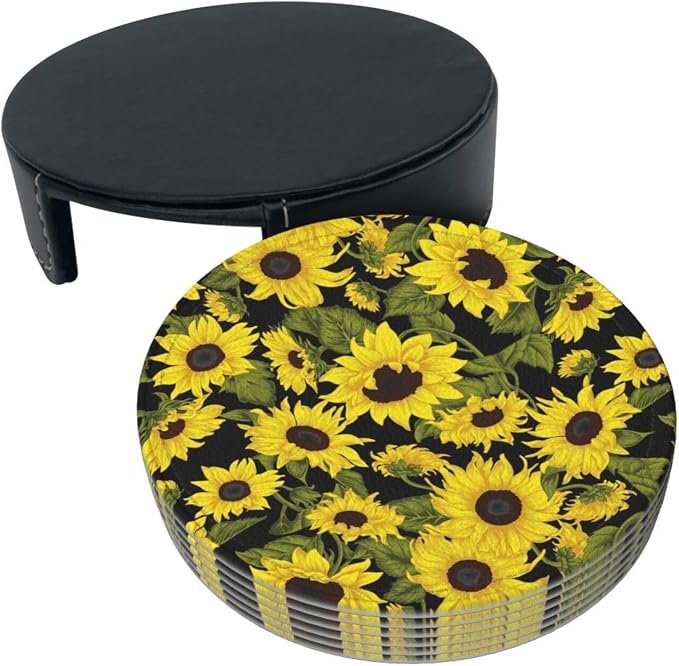 Drink Coasters with Holder Stand Set of 6, Sunflower Pu Leather Absorbent - Image 9