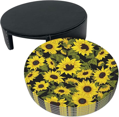Drink Coasters with Holder Stand Set of 6, Sunflower Pu Leather Absorbent - Image 9