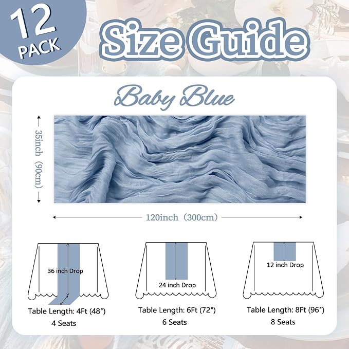 12 Pack Dusty Blue Cheesecloth Table Runner 35 x 120 Inch | Boho Gauze Cheese - Image 2