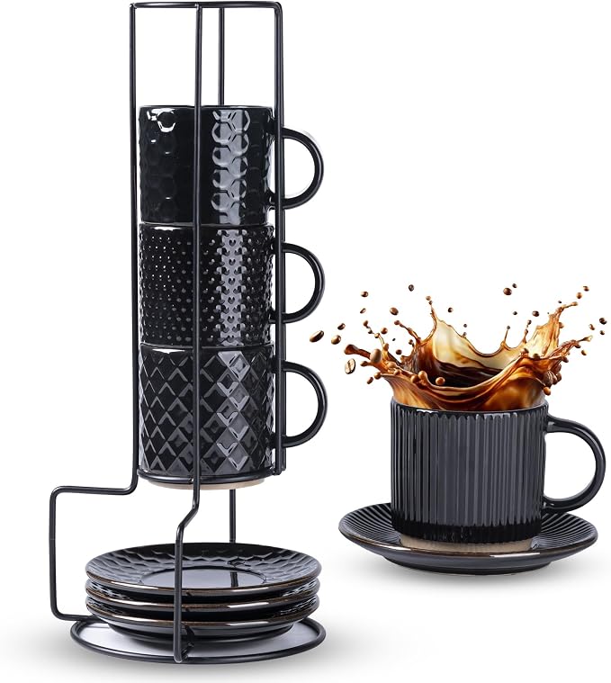 GBhome 6 OZ Stackable Coffee Mugs Set of 4, Ceramic Espresso Coffee Cups | by GBhome