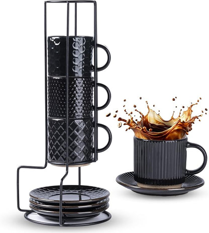 GBhome 6 OZ Stackable Coffee Mugs Set of 4, Ceramic Espresso Coffee Cups | by GBhome