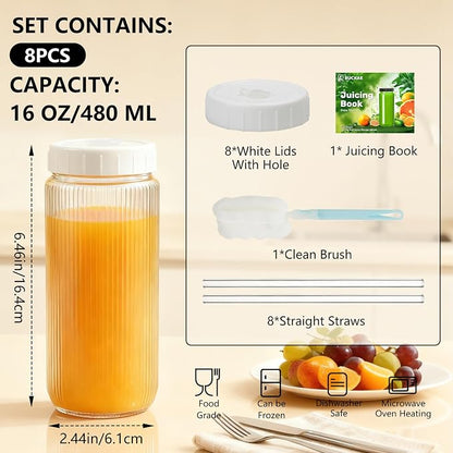 Ruckae 16oz Juice Bottles, Ribbed Glass Juicing Bottles - Image 2