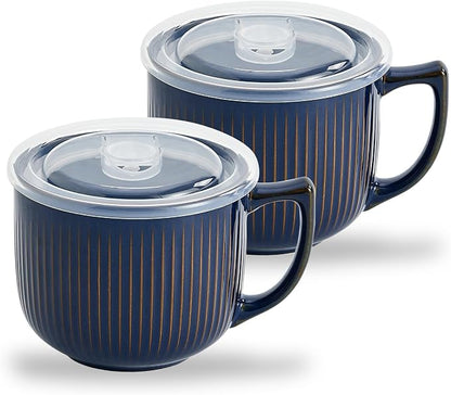 Ceramic Soup Bowl with Handle & Lid, 32oz Microwave Ramen Bowl Set of 2 | by Hoilse