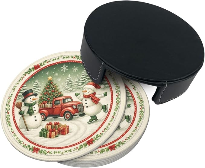 Winter Xmas Snowman Truck Snow Scene Coasters - Image 7