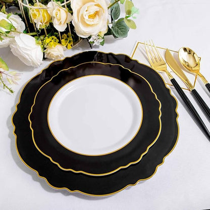 WDF 30Guest Black and Gold Plastic Plates - New Year Plates - Gold Plastic Silverware With Black Handle Baroque Black and Gold Disposable Dinnerware for New Year &Parties