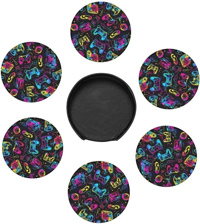 Drink Coasters with Holder Stand Set of 6, Bright Game Controller Pu Leather - Image 5