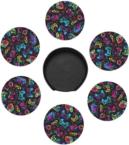 Drink Coasters with Holder Stand Set of 6, Bright Game Controller Pu Leather - Image 5