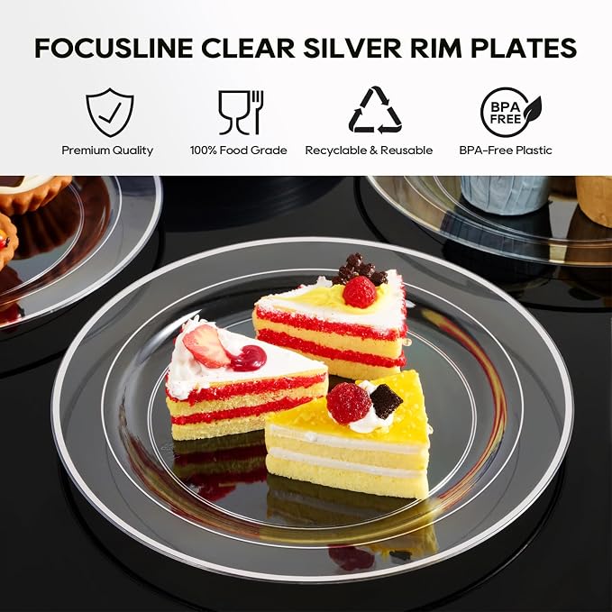 FOCUSLINE 100 Clear Silver Plastic Plates 10 Inch, Disposable Clear Plates - Image 4