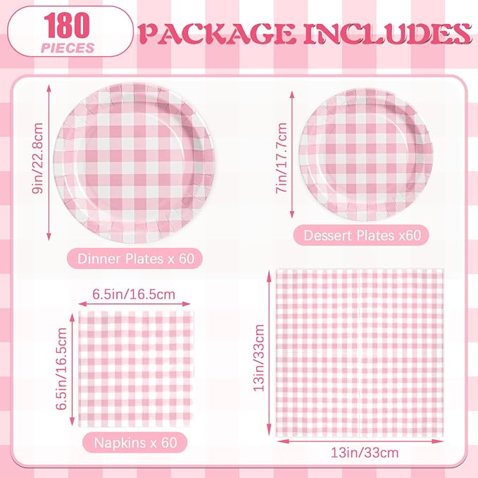 180Pcs Pink Gingham Party Supplies Paper Plates and Napkins Serve 60 | - Image 2