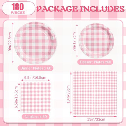 180Pcs Pink Gingham Party Supplies Paper Plates and Napkins Serve 60 | - Image 2