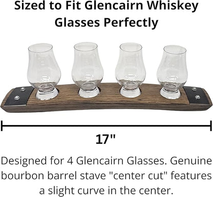 Barrel Stave Premium 4 Glass Whiskey Flight Serving Tray with Glencairn Glasses, Dark Walnut