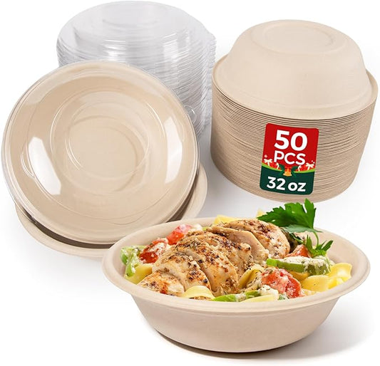 50-Pack 32oz Round Disposable Bowls with Lids - 100% Sugarcane Fiber, Paper Round Bowls for Soup, Salad, Ramen, Popcorn