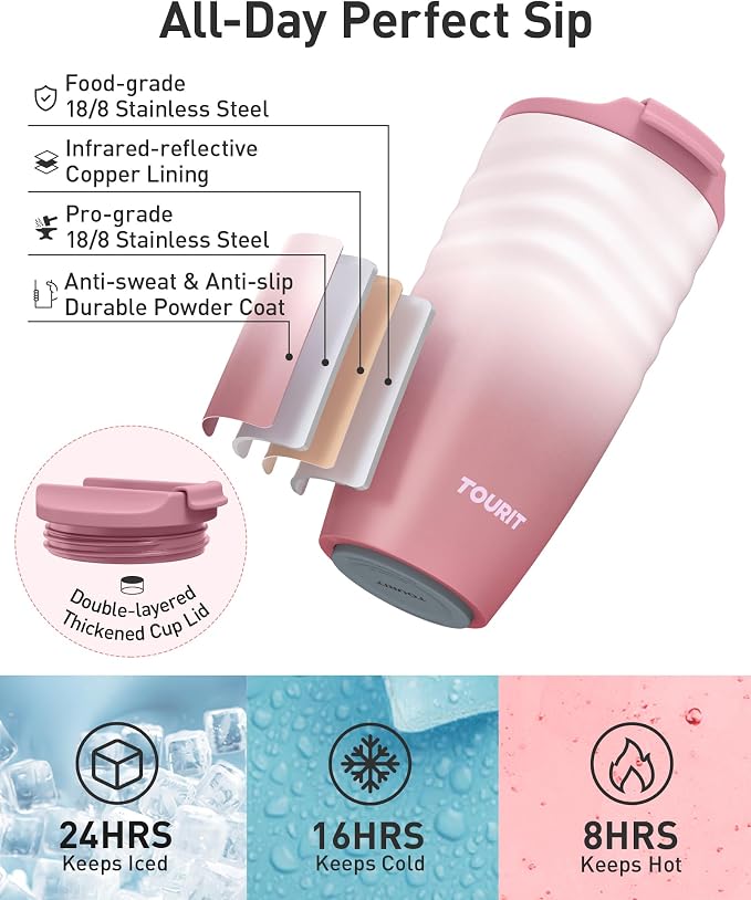 TOURIT 16 oz Insulated Travel Coffee Mug Stainless Steel Tumbler, leakproof lid - Image 2