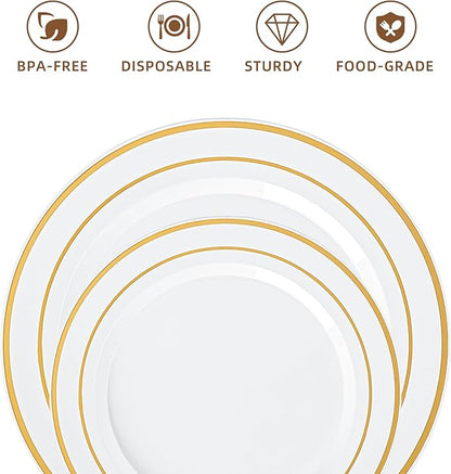 200PCS White Plastic Plates with Gold Rim, Disposable Heavy Duty Plastic Plate, 100 Dinner and 100 Dessert Plates for Party and Wedding