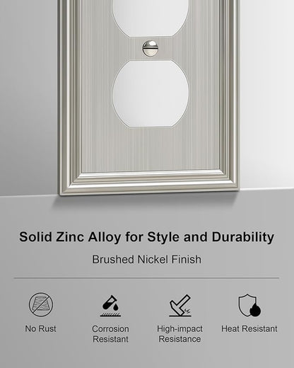 2-Pack Single Duplex Outlet Cover Plate, Decorative Brushed Nickel Switch Plates and Outlet Covers, Metal Wall Plates for Electrical Outlets, 1 Gang Receptacle Cover, Corrosion Resistant