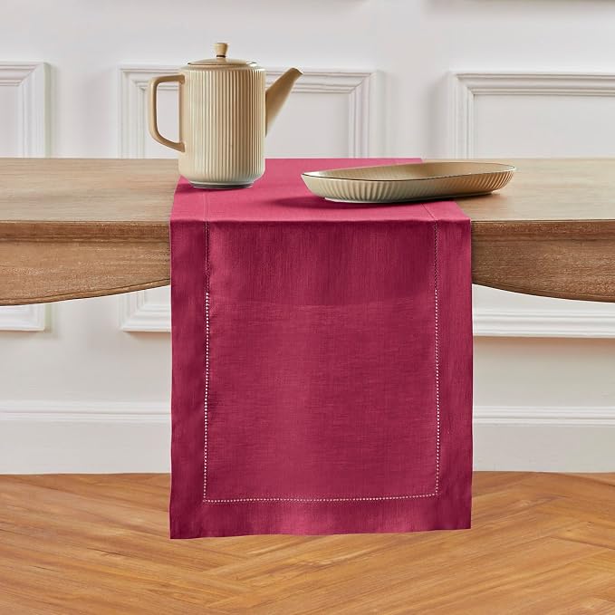 Solino Home 100% Pure Linen Dining Table Runner Beet Hemstitch, 14 x 132 in | by SolinoHome