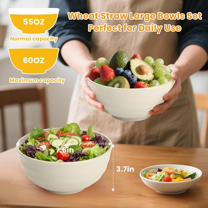 Unbreakable Large Salad Bowls Set of 6, 60oz Large Wheat Straw Bowls - Image 2