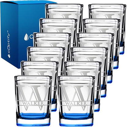 Personalized Square Shot Glasses Set of 12 Blue Bottom 2oz Engraved Initial and Name Custom Gifts, Weddings, Birthdays, Party, Event, Decorations
