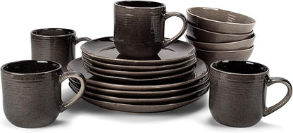 Elanze Designs Reactive Glaze Farmhouse Rustic Boho Ceramic Stoneware Dinnerware 16 Piece Plate Bowl Mug Dish Set - Service for 4, Mocha Grey Ombre