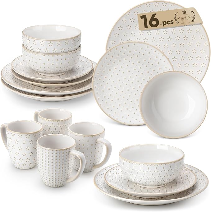 MALACASA 16 Pieces Dinnerware Set, Farmhouse Style Stoneware Plates and Bowls by MALACASA