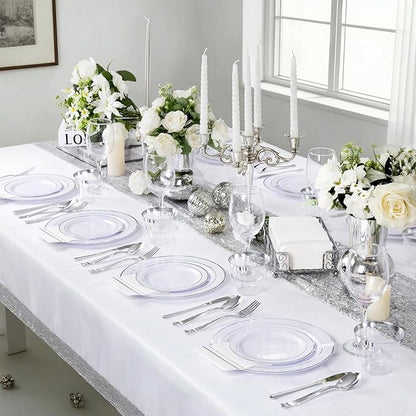 GATHER 350PCS Silver Plastic Plates - White and Silver Disposable Plates for 50 Guests Includes 100 Plate, 50 Napkins, 150 Silvery Cutlery and 50 Cups for Party & Wedding