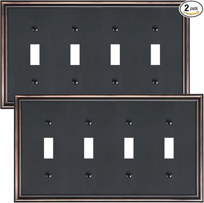 2-Pack Quad Toggle Light Switch Cover Plate, Durable Zinc Alloy Decorative Switch Plate Covers, Aged Bronze 4 Gang Wall Plate for Toggle Light Switch and Rotary Dimmer Switch