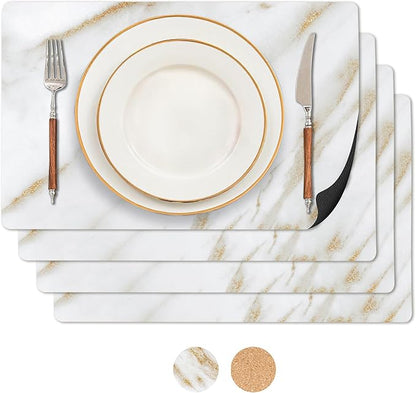 RIMONA'S Heat Resistant Marble Placemats Set of 4 - Waterproof, Heat Proof Table Protector, Non-Slip, Ideal for Gifting, Mother-in-Law Gift, White Marble Hard Placemats
