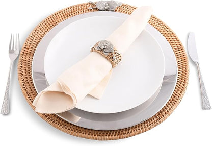 Vagabond House Round Wicker Placemats with Pewter Orchid Accent, Set of 4, 15.5 Inches Diameter - Hand-Woven Rattan, Elegant and Durable, Perfect for Enhancing Table Decor and Protection