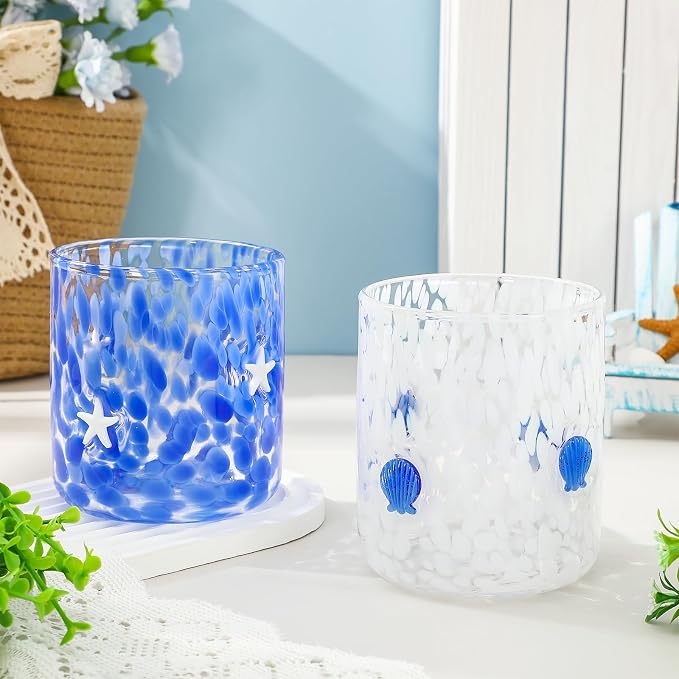 Whaline 2Pcs Ocean Icon Juice Glass 14 Oz Wine Glass White Dark Blue Seashell - Image 3