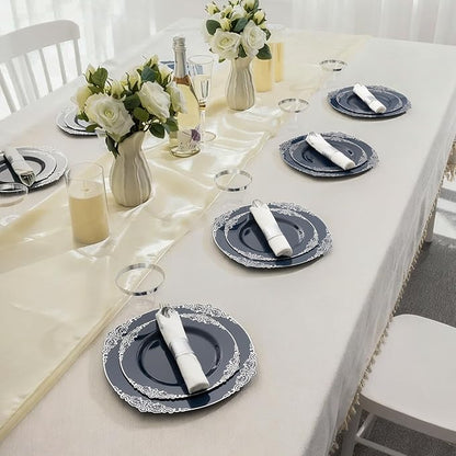350PCS Navy Blue Plates for 50 Guests, Disposable Dinnerware Sets Include 100 Plastic Plates, 50 Silverwares, 50 Cups, and 50 Pre Rolled Napkins for Party, Wedding and Graduation