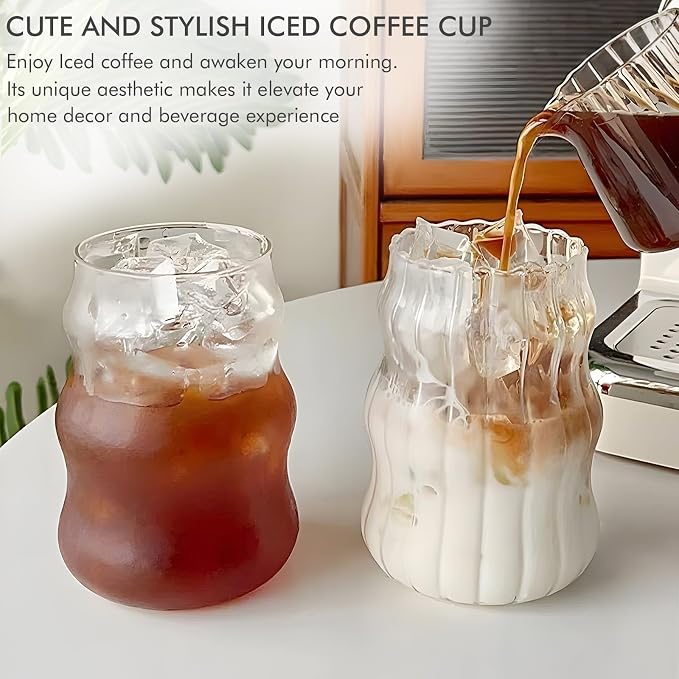 Ribbed Glass Cups Set of 4: 18OZ Vintage Aesthetic Iced Coffee Glasses - Image 5