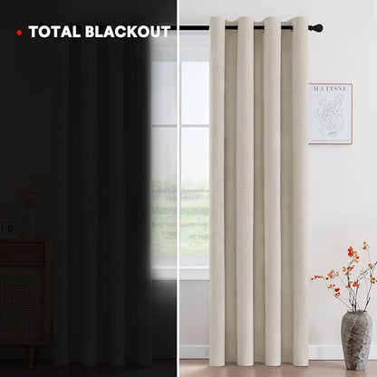 PrinceDeco 100% Blackout Linen Curtains 96 Inch Long Nature Burlap Fabric Black Out Curtains for Nursery,Heat & Light Blocking 2 Panels Set Grommet Window Drapes,Heathered Linen