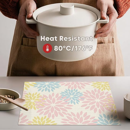 Artoid Mode Floral Vinyl Plastic Placemats Set of 4, 12x18 Inch Washable Non-Slip PVC Place Mats for Party Kitchen Dining Decor, Pink