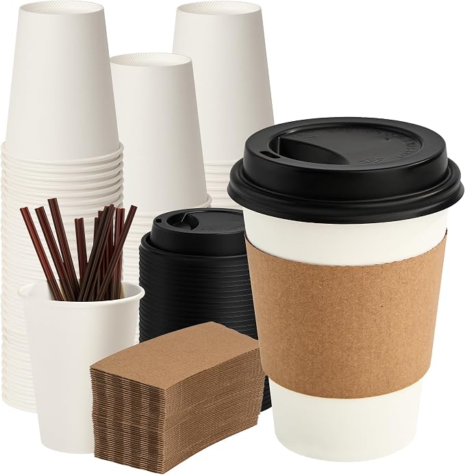 12 oz Paper Coffee Cups with Lids 100 Pack, Disposable Hot Coffee Cups with Lids by VPACKDUO