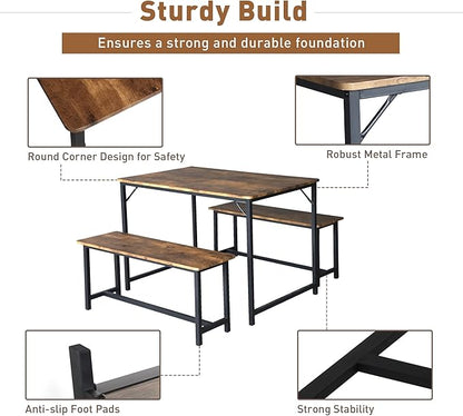 Kitchen Table Set with 2 Benches, Breakfast Nook Table Set, Wood Dining Table Set for 4-Person Space-Saving Dinette for Kitchen, Farmhouse Classic Modern, Rustic Brown