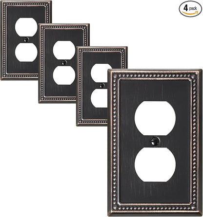 4-Pack Duplex Outlet Cover Plate, Aged Bronze Metal Wall Plates for Electrical Outlets, 1 Gang Receptacle Light Switch Cover, Pearls Decorative Switch Plates and Outlet Covers