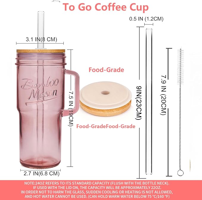 ANOTION Glass Cups with Handle, 24oz Glass Cups with Lids and Straws Travel - Image 3