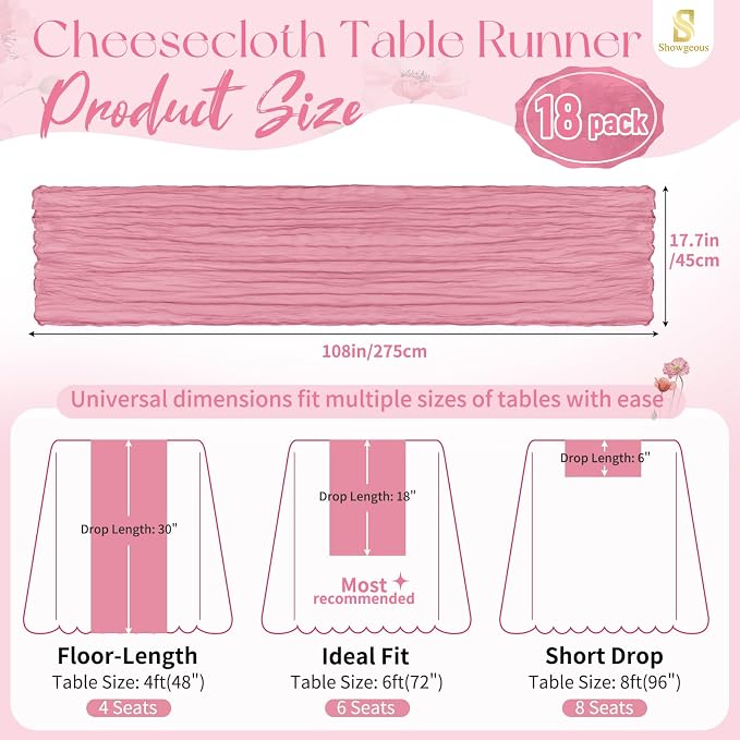 Showgeous 18 Pack Dusty Rose Cheesecloth Table Runner, 17 x 108 Inches | Boho - Image 2