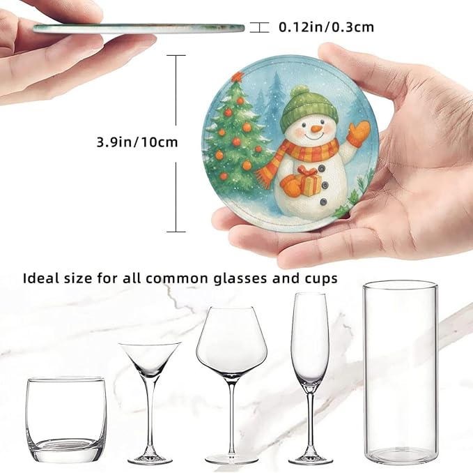 Winter Blue Green Snowman Christmas Tree Snow Coasters - Image 3
