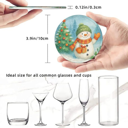 Winter Blue Green Snowman Christmas Tree Snow Coasters - Image 3