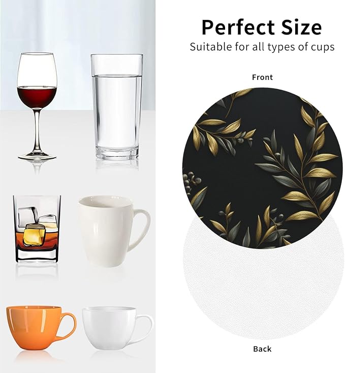 4Pcs Leather Coaster for Drinks Golden Olive Branch Cup Coasters Aesthetic - Image 4