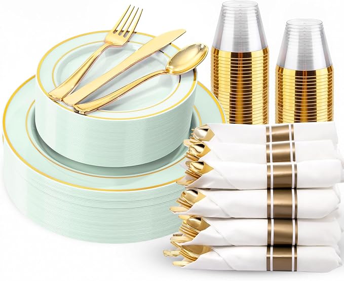 175PCS Sage Green Plastic Plates by WDF
