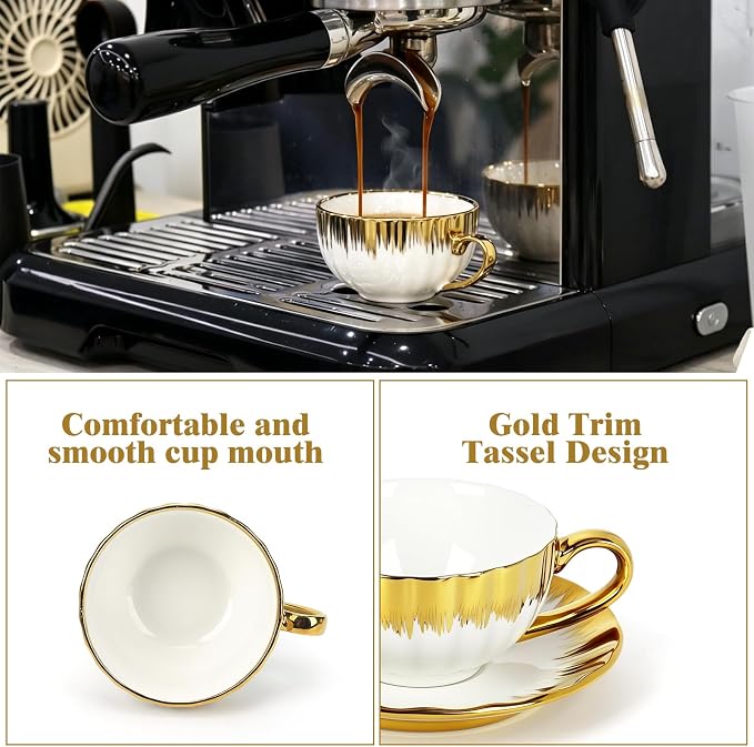 Espresso Cups with Saucers, 3.5 OZ Gold Ceramic Coffee Cup Set of 6, Demitasse - Image 4