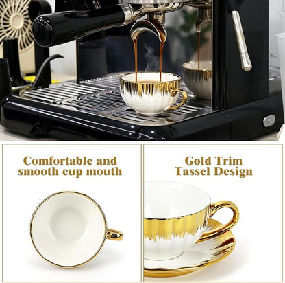 Espresso Cups with Saucers, 3.5 OZ Gold Ceramic Coffee Cup Set of 6, Demitasse - Image 4